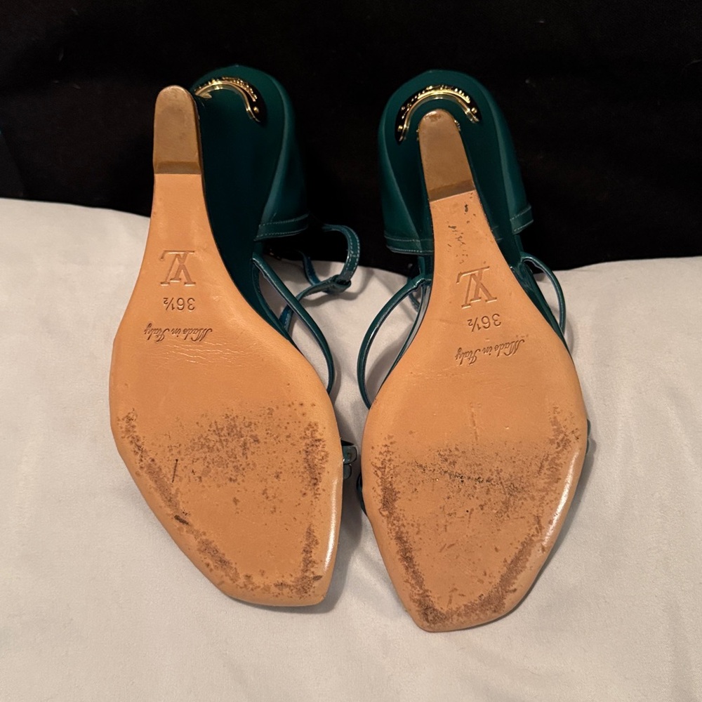 Louis Vuitton Teal Patent Leather Wedge Sandal with Logo Plaque - Picture 5 of 8